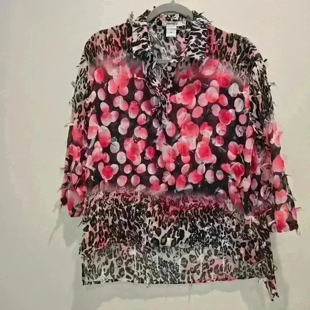 Feratelli Red Black Leopard Semi-sheer Blouse  3D accents Women's M Art To Wear